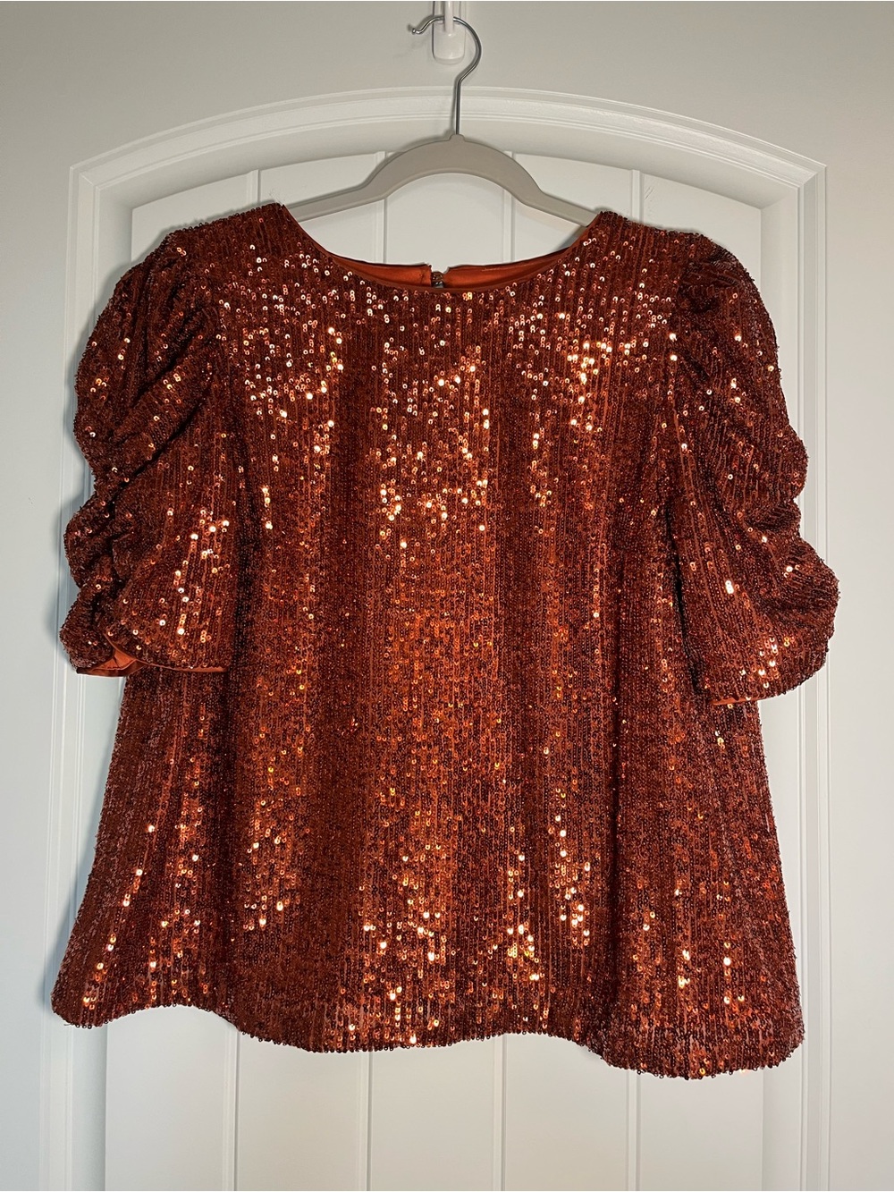 Anthropologie Copper Sequin Puff-Sleeve Top